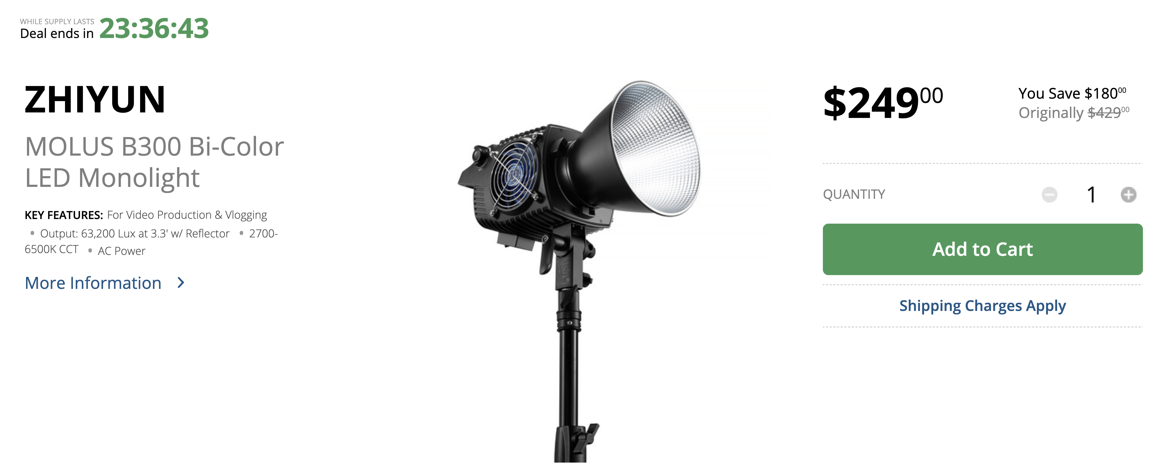 Zhiyun MOLUS B300 Bi-Color LED Monolight on sale for $249 USD - Newsshooter
