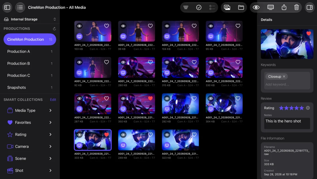 CineMon 2.0 media library iPad Медиатека с клипами и метаданными в CineMon 2.0 на iPad